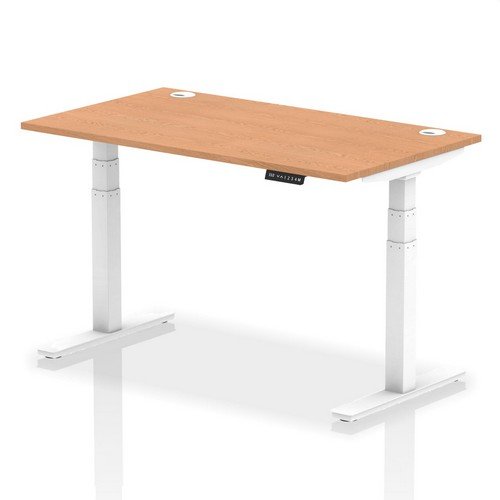 Air 1400 x 800mm Height Adjustable Office Desk Oak Top Cable Ports White Leg