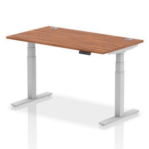 Air 1400 x 800mm Height Adjustable Office Desk Walnut Top Cable Ports Silver Leg