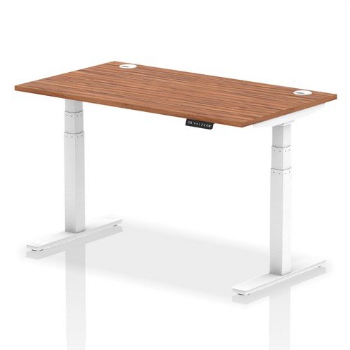 Air 1400 x 800mm Height Adjustable Office Desk Walnut Top Cable Ports White Leg