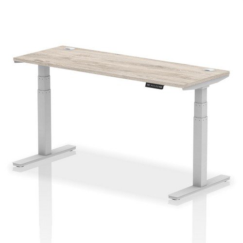 Air 1600 x 600mm Height Adjustable Office Desk Grey Oak Top Cable Ports Silver Leg