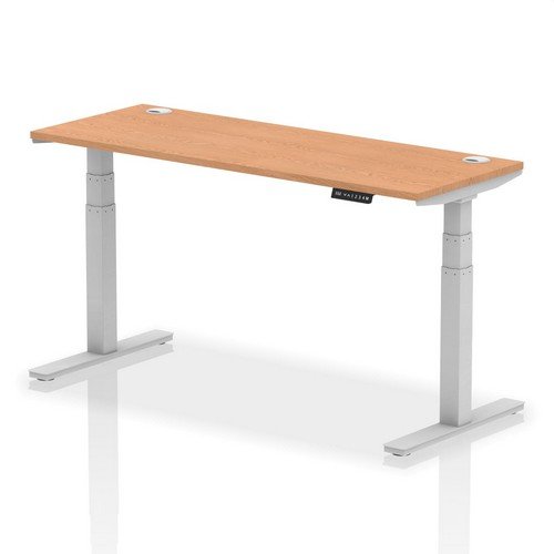 Air 1600 x 600mm Height Adjustable Office Desk Oak Top Cable Ports Silver Leg