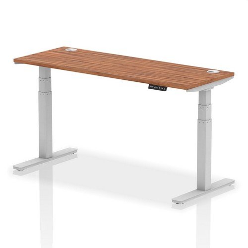 Air 1600 x 600mm Height Adjustable Office Desk Walnut Top Cable Ports Silver Leg