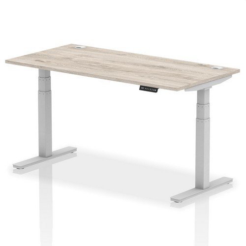 Air 1600 x 800mm Height Adjustable Office Desk Grey Oak Top Cable Ports Silver Leg