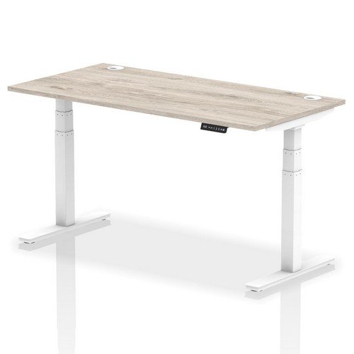 Air 1600 x 800mm Height Adjustable Office Desk Grey Oak Top Cable Ports White Leg