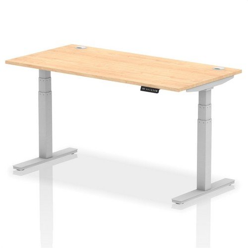 Air 1600 x 800mm Height Adjustable Office Desk Maple Top Cable Ports Silver Leg