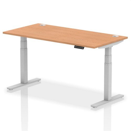 Air 1600 x 800mm Height Adjustable Office Desk Oak Top Cable Ports Silver Leg
