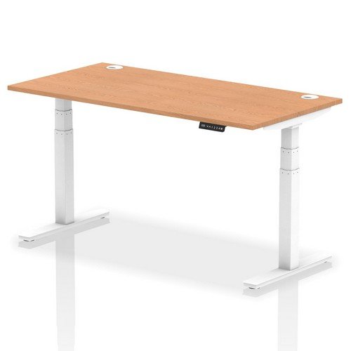 Air 1600 x 800mm Height Adjustable Office Desk Oak Top Cable Ports White Leg