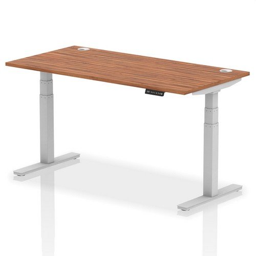 Air 1600 x 800mm Height Adjustable Office Desk Walnut Top Cable Ports Silver Leg