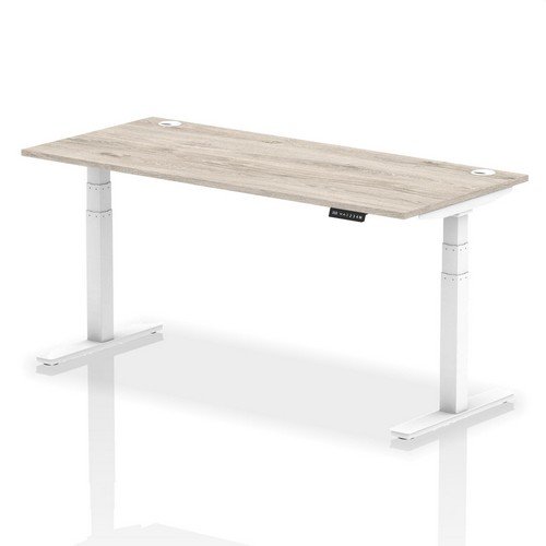 Air 1800 x 800mm Height Adjustable Office Desk Grey Oak Top Cable Ports White Leg