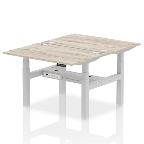 Air Back-to-Back 1200 x 800mm Height 2 Person Bench Desk Grey Oak Top with Cable Ports Silver Frame