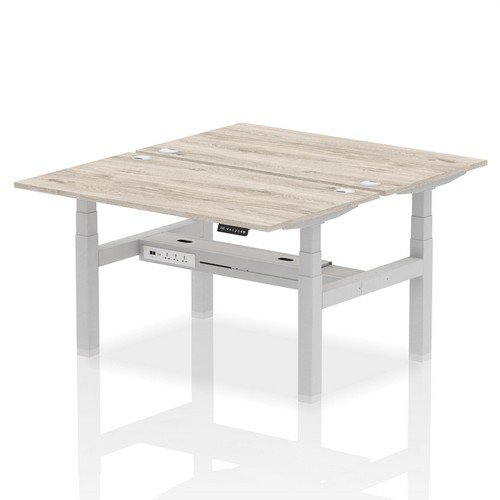 Air Back-to-Back 1400 x 800mm Height 2 Person Bench Desk Grey Oak Top with Cable Ports Silver Frame