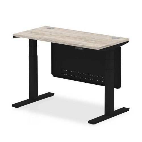 Air 1200 x 600mm Height Office Desk Grey Oak Top Cable Ports Black Leg With Black Steel Panel