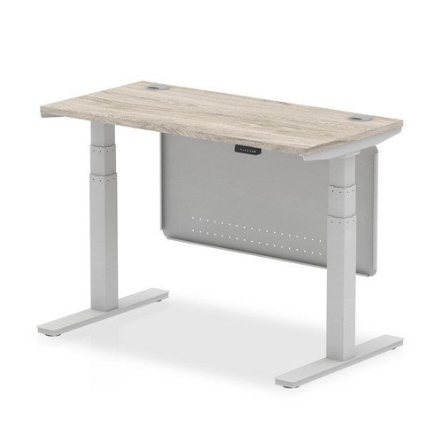 Air 1200 x 600mm Height Office Desk Grey Oak Top Cable Ports Silver Leg With Silver Steel Panel