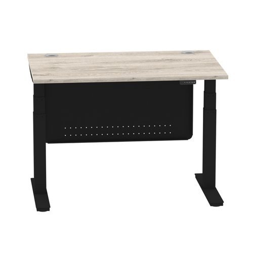 Air 1200 x 800mm Height Office Desk Grey Oak Top Cable Ports Black Leg With Black Steel Panel