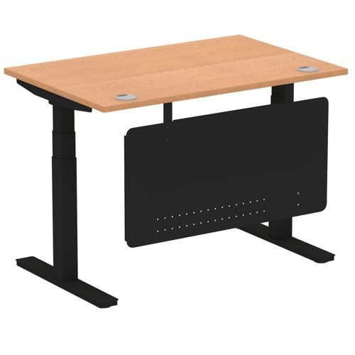 Air 1200 x 800mm Height Office Desk Oak Top Cable Ports Black Leg With Black Steel Panel