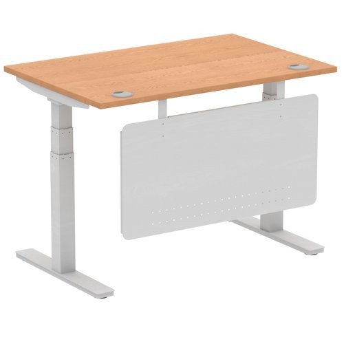 Air 1200 x 800mm Height Office Desk Oak Top Cable Ports Silver Leg With Silver Steel Panel