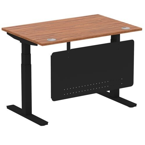 Air 1200 x 800mm Height Office Desk Walnut Top Cable Ports Black Leg With Black Steel Panel