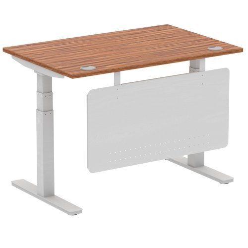 Air 1200 x 800mm Height Office Desk Walnut Top Cable Ports Silver Leg With Silver Steel Panel