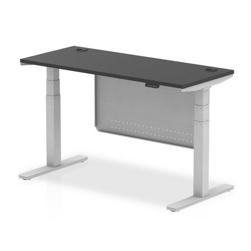 Air 1400 x 600mm Height Office Desk Black Top Cable Ports Silver Leg With Silver Steel Panel
