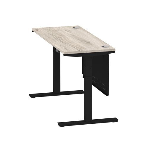 Air 1400 x 600mm Height Office Desk Grey Oak Top Cable Ports Black Leg With Black Steel Panel