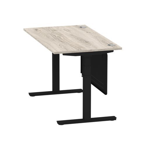 Air 1400 x 800mm Height Office Desk Grey Oak Top Cable Ports Black Leg With Black Steel Panel