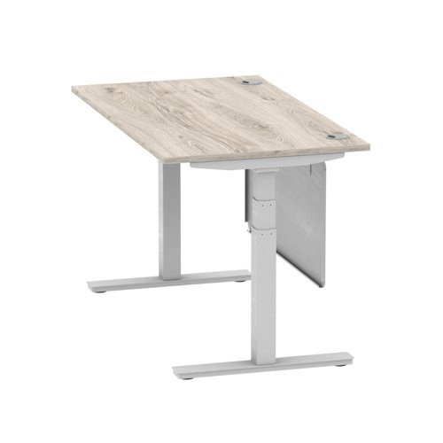 Air 1400 x 800mm Height Office Desk Grey Oak Top Cable Ports Silver Leg With Silver Steel Panel