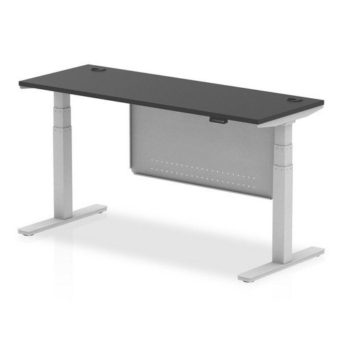 Air 1600 x 600mm Height Office Desk Black Top Cable Ports Silver Leg With Silver Steel Panel