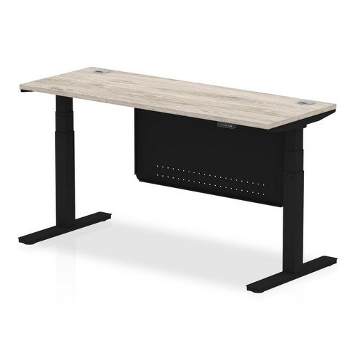 Air 1600 x 600mm Height Office Desk Grey Oak Top Cable Ports Black Leg With Black Steel Panel