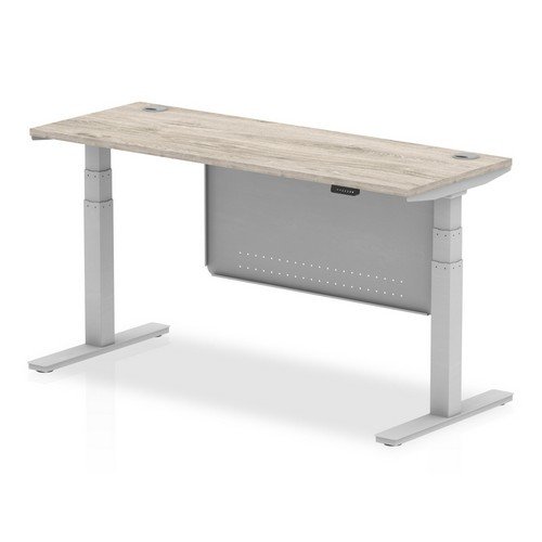 Air 1600 x 600mm Height Office Desk Grey Oak Top Cable Ports Silver Leg With Silver Steel Panel