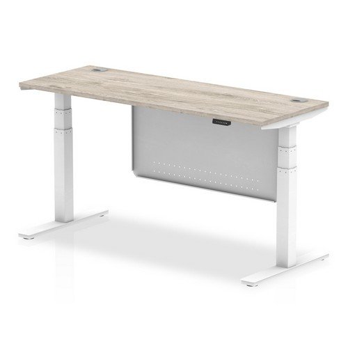 Air 1600 x 600mm Height Office Desk Grey Oak Top Cable Ports White Leg With White Steel Panel