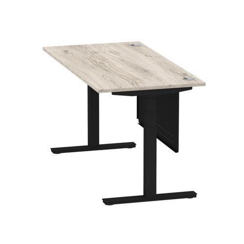 Air 1600 x 800mm Height Office Desk Grey Oak Top Cable Ports Black Leg With Black Steel Panel