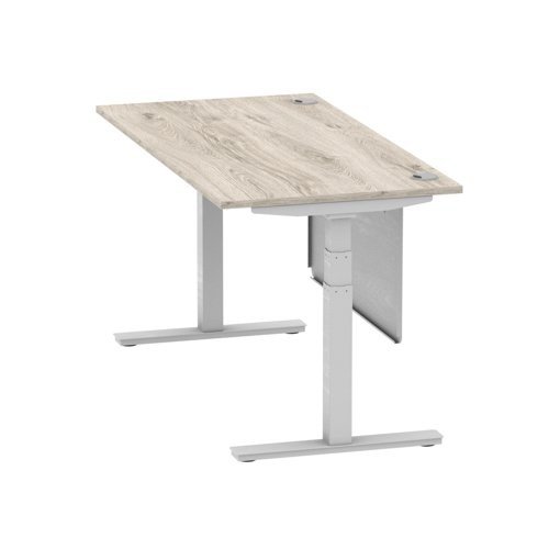 Air 1600 x 800mm Height Office Desk Grey Oak Top Cable Ports Silver Leg With Silver Steel Panel