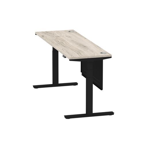 Air 1800 x 600mm Height Office Desk Grey Oak Top Cable Ports Black Leg With Black Steel Panel
