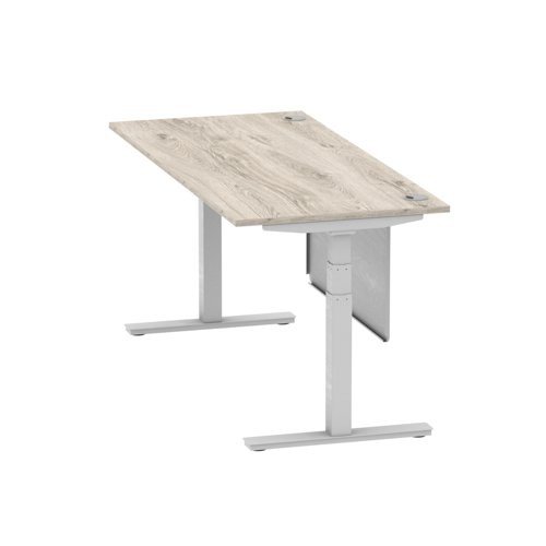 Air 1800 x 800mm Height Office Desk Grey Oak Top Cable Ports Silver Leg With Silver Steel Panel