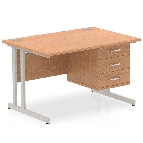 Impulse 1200 Rectangle Silver Cant Leg Desk OAK 1 x 3 Drawer Fixed Ped