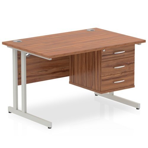 Impulse 1200 Rectangle Silver Cant Leg Desk WALNUT 1 x 3 Drawer Fixed Ped