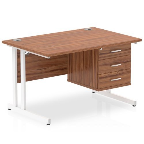 Impulse 1200 Rectangle White Cant Leg Desk WALNUT 1 x 3 Drawer Fixed Ped