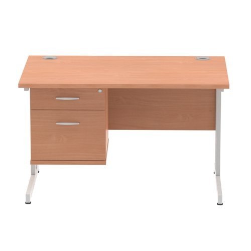 Impulse 1200 x 800mm Straight Office Desk Beech Top Silver Cant Leg Workstation 1 x 2 Draw Fixed
