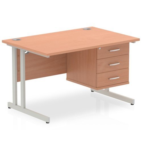 Impulse 1200 x 800mm Straight Office Desk Beech Top Silver Cant Leg Workstation 1 x 3 Draw Fixed