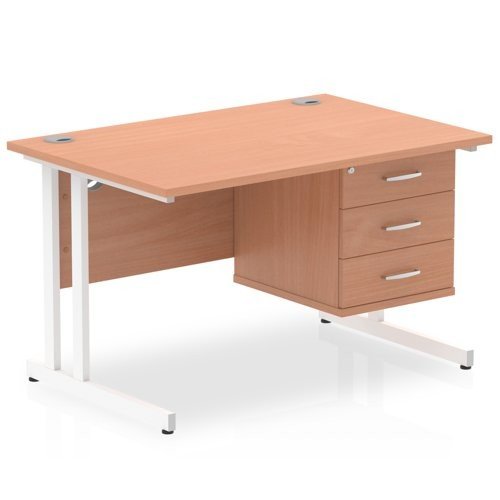 Impulse 1200 x 800mm Straight Office Desk Beech Top White Cant Leg Workstation 1 x 3 Draw Fixed