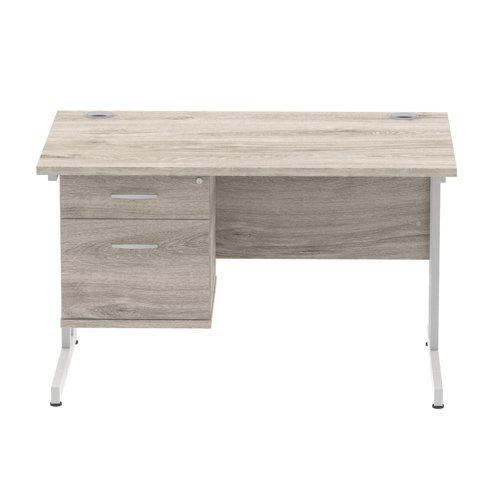 Impulse 1200 x 800mm Straight Office Desk Grey Oak Top Silver Cant Leg Workstation 1 x 2 Draw Fixed