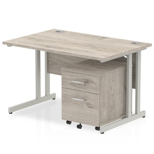 Impulse 1200 x 800mm Straight Office Desk Grey Oak Top Silver Cant Leg Workstation 2 Draw Mobile