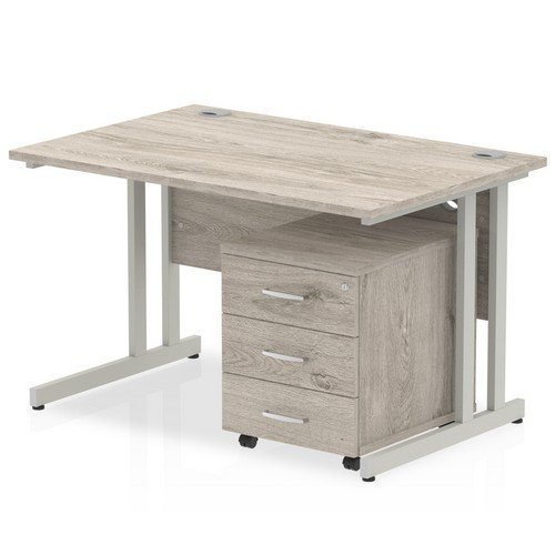 Impulse 1200 x 800mm Straight Office Desk Grey Oak Top Silver Cant Leg Workstation 3 Draw Mobile
