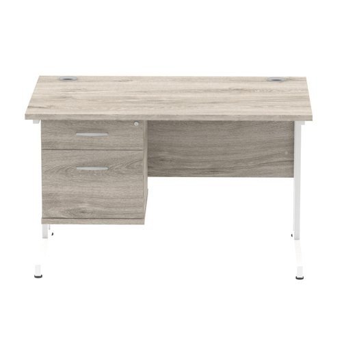 Impulse 1200 x 800mm Straight Office Desk Grey Oak Top White Cant Leg Workstation 1 x 2 Draw Fixed