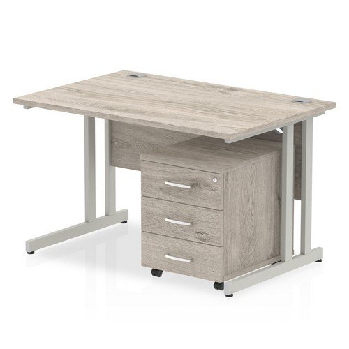 Impulse 1200 x 800mm Straight Office Desk Grey Oak Top White Cant Leg Workstation 3 Draw Mobile