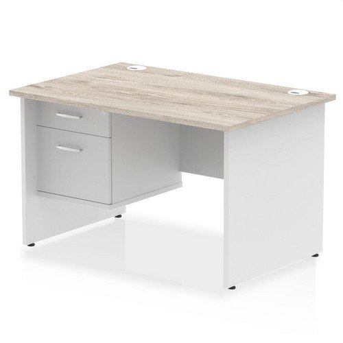 Impulse 1200 x 800mm Straight Office Desk Grey Oak Top White Panel End Leg with 1 x 2 Draw Fixed
