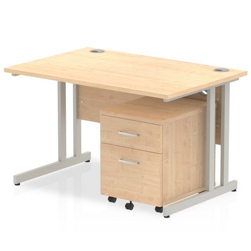 Impulse 1200 x 800mm Straight Office Desk Maple Top Silver Cant Leg Workstation 2 Draw Mobile