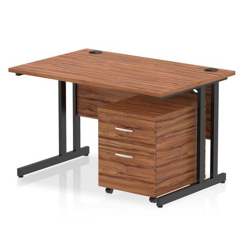 Impulse 1200 x 800mm Straight Office Desk Walnut Top Black Cant Leg Workstation 2 Draw Mobile