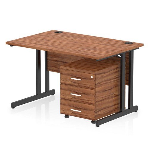 Impulse 1200 x 800mm Straight Office Desk Walnut Top Black Cant Leg Workstation 3 Draw Mobile