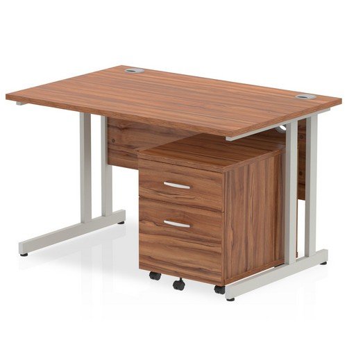 Impulse 1200 x 800mm Straight Office Desk Walnut Top Silver Cant Leg Workstation 2 Draw Mobile